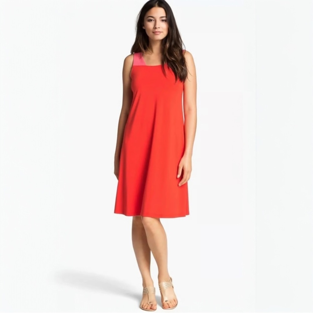 Eileen Fisher Colorblock Cutout Midi Dress Size Medium Red Pink